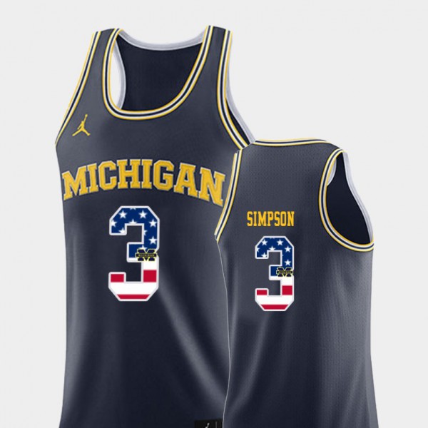 Michigan Wolverines #3 For Men Zavier Simpson Jersey Navy Alumni College Basketball USA Flag